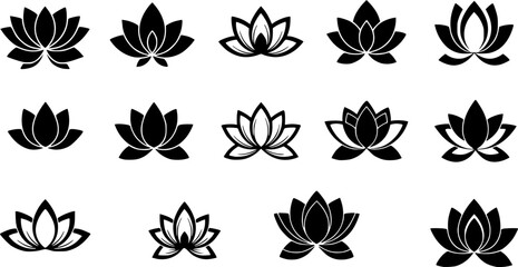 Set of stylized lotuses. Collection of lotus flowers for a logo. Black white vector illustration. Tattoo.
