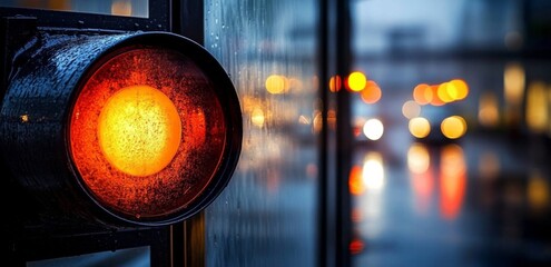 Red Alert Lamp Illuminating Street at Night, Warning Indicator for Attention in Dark Urban Setting