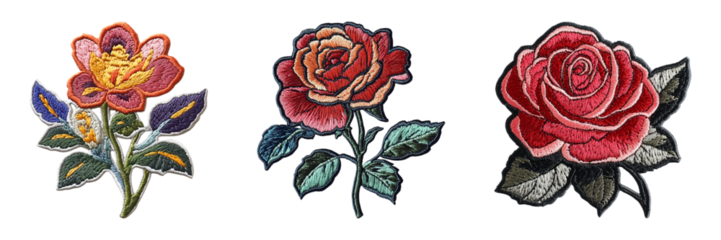 Set of red rose embroidery patch with green leaves isolated on transparent background, in PNG format, cut out