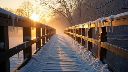 Snowy Wooden Bridge at Sunrise with Icicles - Powered by Adobe