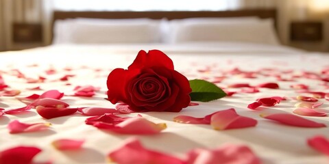 Romantic Rose and Petals on Hotel Bed for Honeymoon Evening - Love and Relaxation Concept