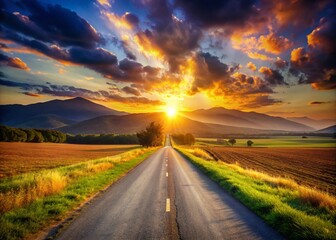 Naklejka premium Serene Sunset: Empty Country Road Leading to Majestic Mountain Range