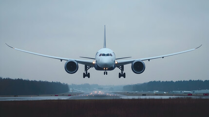 Airplane Approaching Landing on Cloudy Sky at Airport Runway
