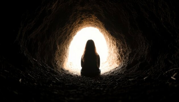 Silhouetted figure sits within a dark cave, light emanating from the exit.  Hope, journey