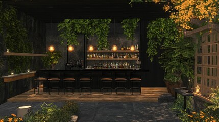 Obraz premium A stylish bar area with potted plants creating a fresh and lively atmosphere.