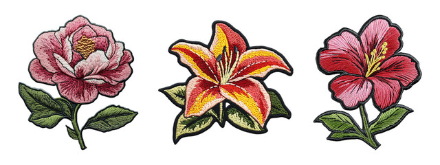 Vibrant colorful floral embroidery patch with leaves isolated on transparent background, in PNG format, cut out