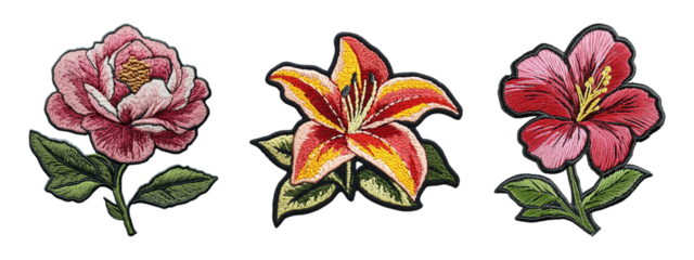 Vibrant colorful floral embroidery patch with leaves isolated on transparent background, in PNG format, cut out