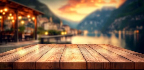 Scenic Italian Lakeside Cafe at Dusk, Wooden Table Top Empty for Product Display