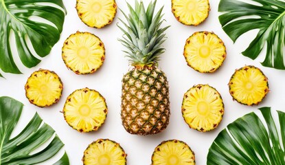 Sliced pineapple with tropical leaves on white background - Summer creative pattern, top view, flat lay