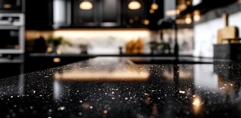 Sleek Empty Dark Marble Table Top in Kitchen Setting for Product Display on Blurred Background