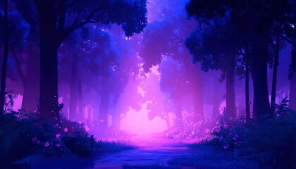 Mystical purple forest path at twilight, glowing plants and soft light