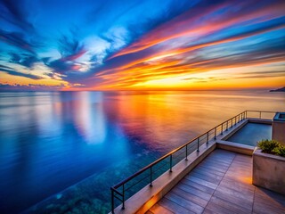 Obraz premium Serene Sunset Seascape: Minimalist Terrace Ocean View Stock Photo