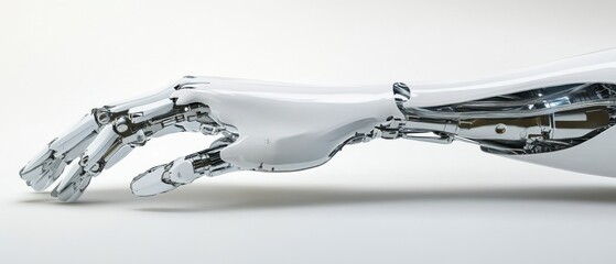 Steel cyborg hand pointing technology features isolated on white background, resembling human arm functionality, with space for text