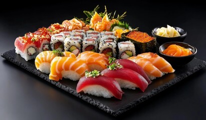 Sushi Set with Sashimi and Rolls on Stone Slate - Japanese Cuisine Delicious Presentation Concept