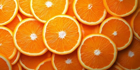 Top view of sliced fresh oranges as a vibrant background for design and creativity