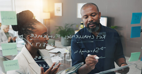Idea, glass and business people writing for planning, discussion and brainstorming in office....