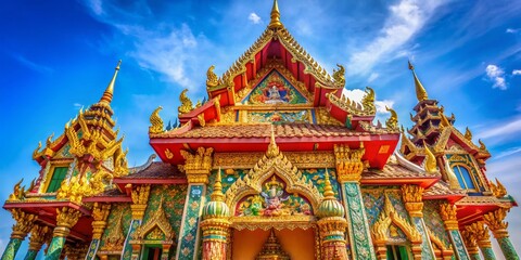 Fototapeta premium Serene Thai Buddhist Sanctuary: Ancient Sculpture, Blue Sky