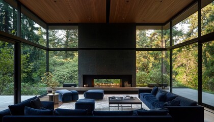 Modern living room with expansive windows showcasing lush greenery and a sleek fireplace