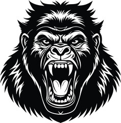 Roaring Gorilla Face Silhouette Vector Illustration, Minimal Monochrome Wild Animal Icon, Bold and Fierce Ape Head Logo Design
