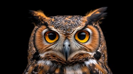 Fototapeta premium Close-up of a majestic owl, its bright yellow eyes piercing the darkness. Intricate feather details are visible