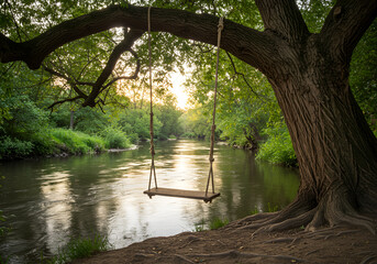 A weathered rope swing hanging from a gnarled tree branch over a quiet river