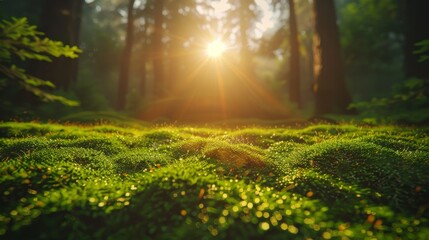 Fototapeta premium Serene pine forest with mossy ground, detailed tree bark, and dappled sunlight through mist