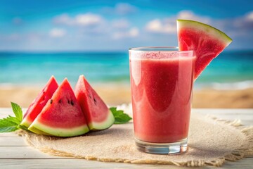 Pink watermelon smoothie, slightly spilled glass, a slice of watermelon placed next to it on a light yellow sand background with the sea in the distance. Summer vibe