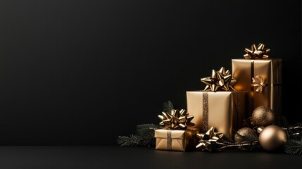 Gold gifts and ornaments arranged on black background. Festive holiday scene