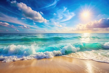 Pastel blue ocean waves with soft gradient effect. Summer vibe, blue ocean waves with golden sand, sunlight shining on the sea