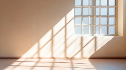 Empty room with sunlight pouring through a patterned window, casting shadows
