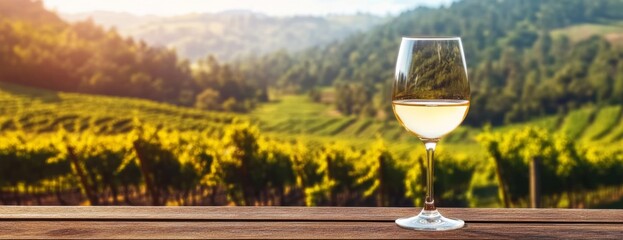 Wooden Tabletop with Wine Glass on Blurred Vineyard Background. Perfect for Display or Product Montage. Winery and Wine Theme