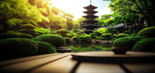 Zen garden with pond and temple backdrop on empty wooden table for product display or mounting