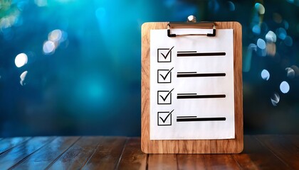 A wooden clipboard displays a checklist with checkmarks against a blurred blue background, suggesting organization and task completion.