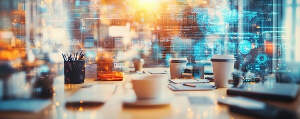 Meeting table with coffee cups and data visualization overlay