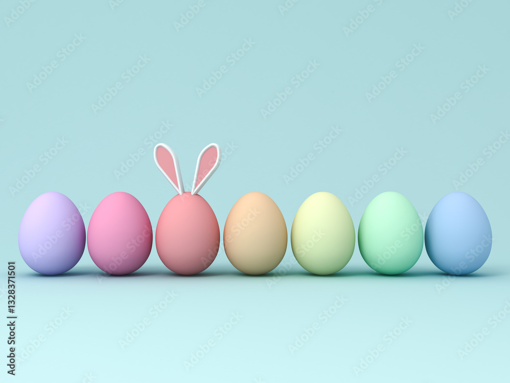 Aufkleber Rabbit or bunny egg amongs colorful Easter eggs on light blue green pastel color background with shadows and blank space minimal easter day concept 3D rendering