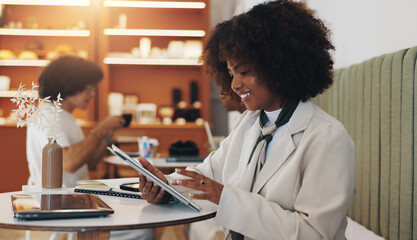 Business, tablet and woman in cafe, internet and smile with confidence, copywriting and network. Person, consumer and employee in coffee shop, professional and tech with research for article and app