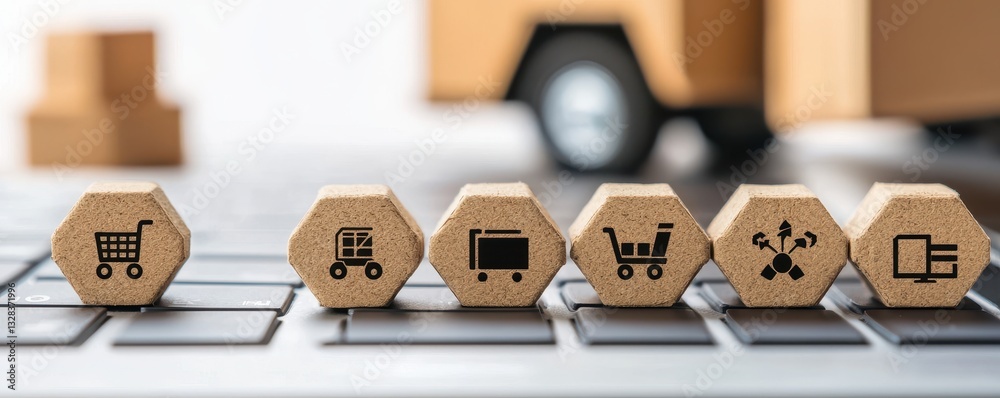 Poster A close-up of hexagonal wooden tokens displaying various shopping-related icons on a keyboard, symbolizing e-commerce and digital transactions.