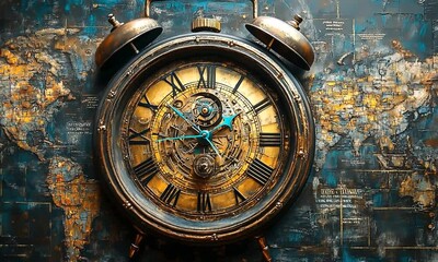 Antique clock with intricate gears and world map background, symbolizing time and exploration - Powered by Adobe