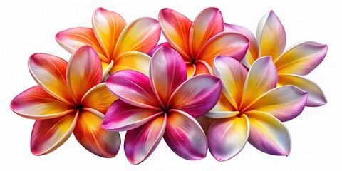 Fototapeta premium Seven Vibrant Plumeria Flowers, Tropical Blooms, Isolated PNG, AI Generated Stock Photo