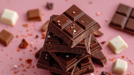 Dark chocolate squares stacked high, surrounded by scattered pieces of milk and dark chocolate on a pink surface