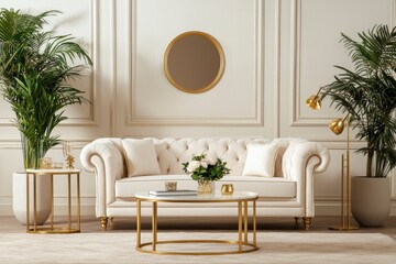 Elegant cream sofa in a classic living room with gold accents and plants