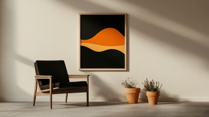 Abstract art print in minimalist room setting.  Wooden chair and terracotta pots complete scene