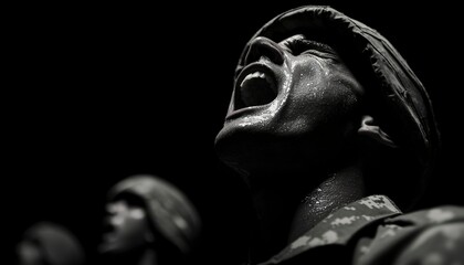 A close-up monochrome shot of a soldier's intense, screaming face.  Dark background. Powerful emotion conveyed