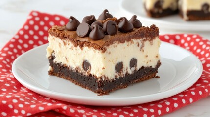 Decadent brownie cheesecake dessert, rich chocolate brownie base topped with creamy cheesecake and chocolate chips