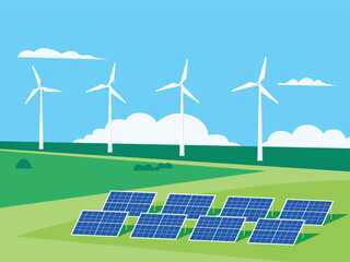 Wind electricity generators and solar panels, nature landscape, Renewable energy power