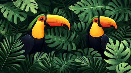 Colorful Toucans Among Lush Green Tropical Leaves in Jungle Setting