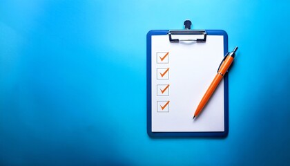 A clipboard with a checklist and an orange pen on a blue background, symbolizing organization and task management.