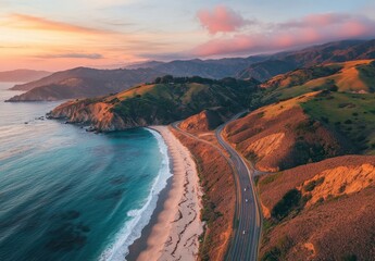 Serene Aerial View of Coastal Landscape with Rolling Hills, Ocean Waves, and Scenic Road at Sunset in a Vibrant Landscape