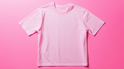 Flat lay of a pink short-sleeved t-shirt on a pink background