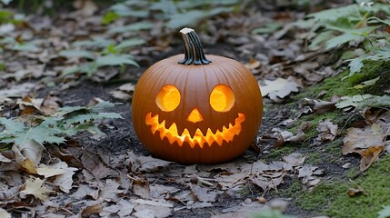 Lit jack-o'-lantern in autumn leaves.